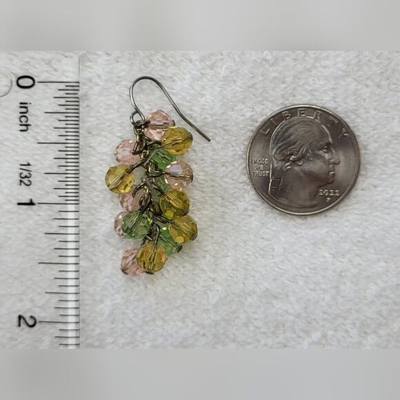 Yellow, Green and Pink Beaded Grape Bunch Statement Dangle Earrings / Pierced - Picture 7 of 8